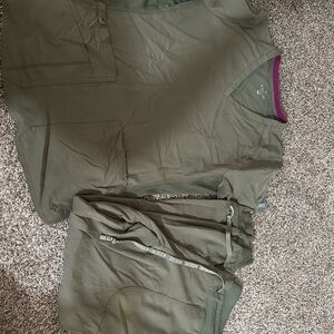 Med Couture Olive Green Scrub Top and Pants with Purple Trim